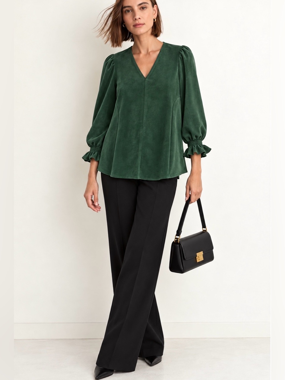 TUCKERNUCK EASTON VELVET SUEDE TOP XL MALACHITE DEEP V SMOCKED CUFF *MINT* $168